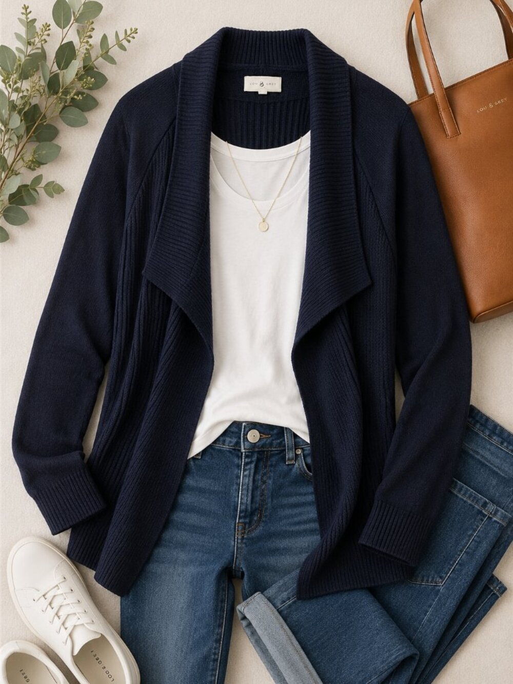Lou & Grey Open Front Ribbed Cardigan Sweater Navy Blue Size Medium Soft Knit